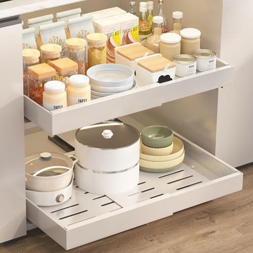 2 Pack Expandable Kitchen Cabinet Organizer, White, Carbon Steel Frame