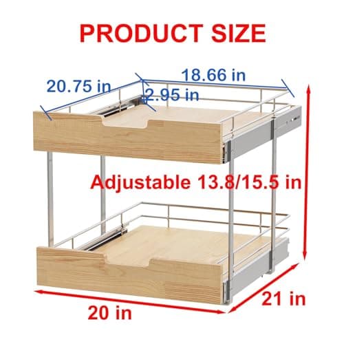 Heavy-Duty Pull-Out Cabinet Organizer for Kitchen and Pantry, 20" x 21" Wood & Wirebasket