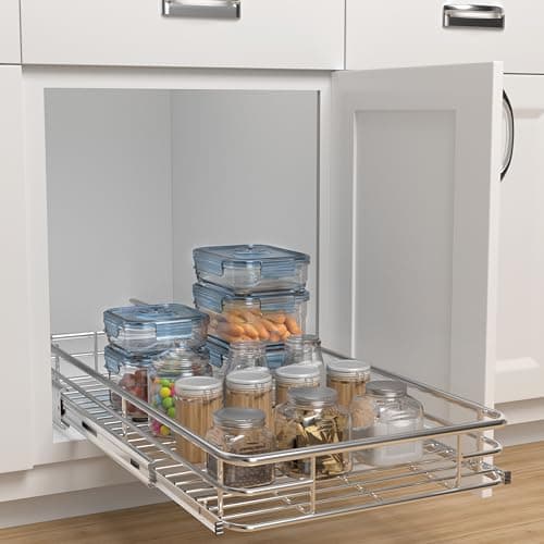 Premium Heavy-Duty Metal Slide Out Shelves for Kitchen Cabinets (17" W x 21" D) Anti-Rust Chrome Finish