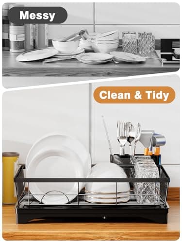 Super Spacious & Compact Kitchen Dish Drying Rack, 360° Rotary Spout, Rustproof Black Organizer