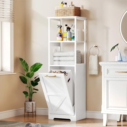Black 53" Tall DWVO Tilt Out Laundry Hamper with Storage Shelves for Bathroom, Bedroom, and Laundry Room