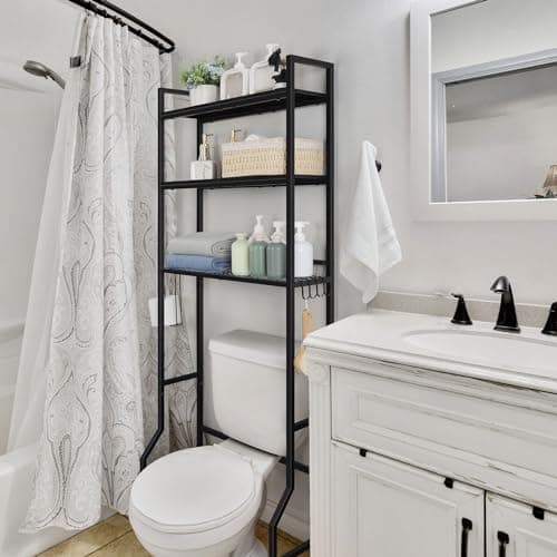 3 Tier Over the Toilet Storage Organizer with Hooks and Paper Holder - Black Stand