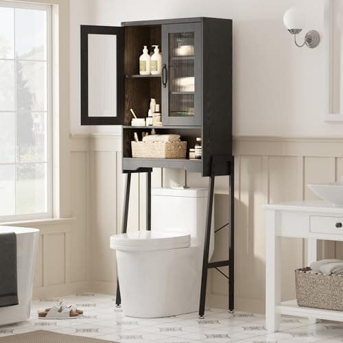 Black Tall Freestanding Toilet Cabinet with Glass Doors & Adjustable Shelf