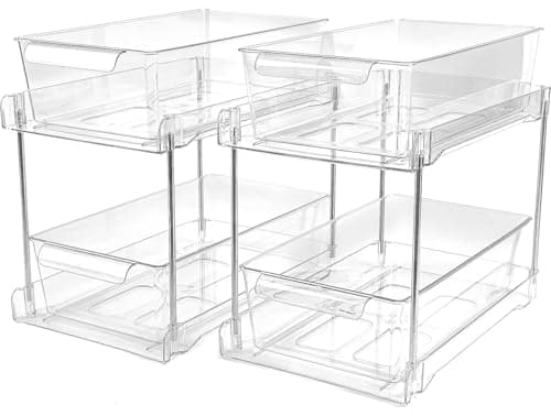 4Pack Clear Under Sink Bathroom Storage Organizers with Pull-Out Track for Pantry Cabinets
