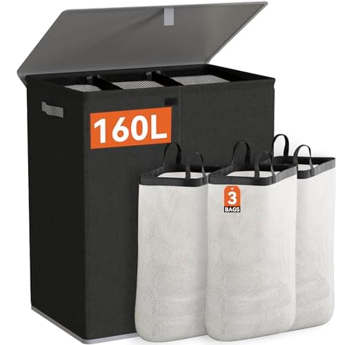 WOWLIVE 160L 3-Section Laundry Hamper with Lid & Removable Bags, Collapsible Black