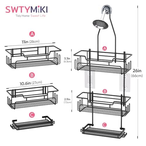SWTYMIKI 3-Tier Over Shower Head Organizer - Black, 16 Hooks, Anti-Swing, Rustproof