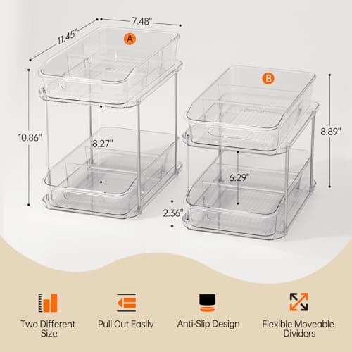 LAMU 2-Pack Clear Bathroom Storage, 2-Tier Pull-Out Sink Organizers with Drawers & Dividers