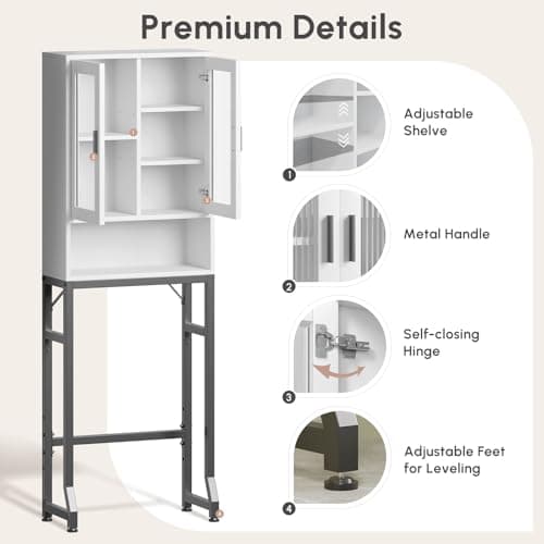 USHOWER Freestanding Toilet Storage Cabinet with Tempered Glass & Thick Metal Stand, White