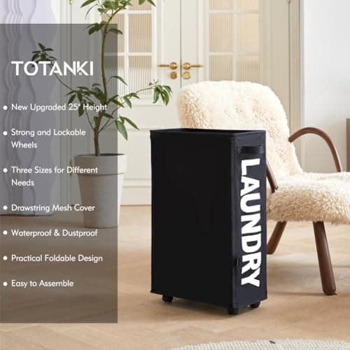 TOTANKI 25" Rolling Laundry Basket, Foldable with Handle (Black)
