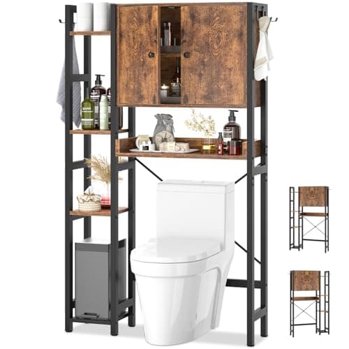 Rustic 7-Tier Over-the-Toilet Storage Cabinet with Adjustable Shelf & 4 Hooks