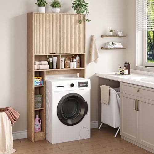 Over Toilet Storage Cabinet with Adjustable Shelf, Oak Wave Pattern Doors, 31" Wide