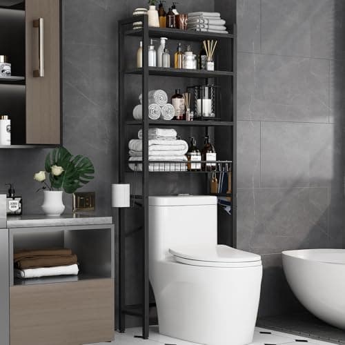 Over-The-Toilet 4-Tier Bathroom Organizer Shelf with Adjustable Basket - Vintage Brown
