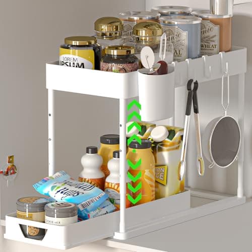 2 Pack HI NINGER Adjustable Height Under Sink Organizers with 8 Hooks & Hanging Cups