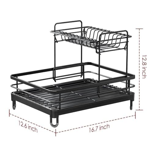 X-Large Stainless Steel Dish Drying Rack, 2-Tier Kitchen Organizer, Black