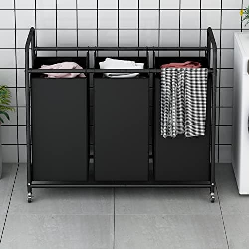 LINZINAR Heavy Duty 3-Bag Laundry Hamper with Lockable Wheels & Organizer