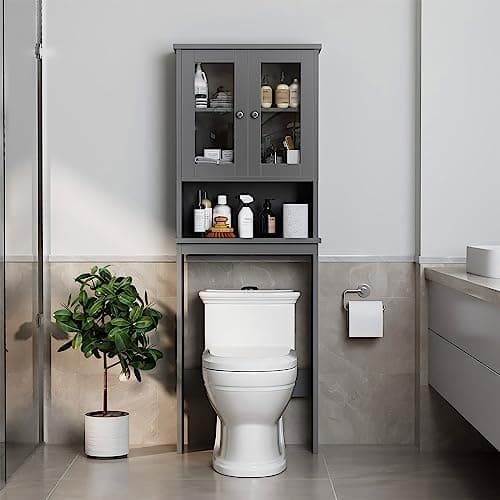 Meilocar Grey Over Toilet Storage Cabinet with Glass Doors