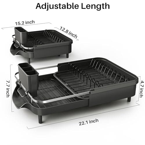 Expandable Stainless Steel Dish Drying Rack with Drainboard & Utensil Holder (Black)