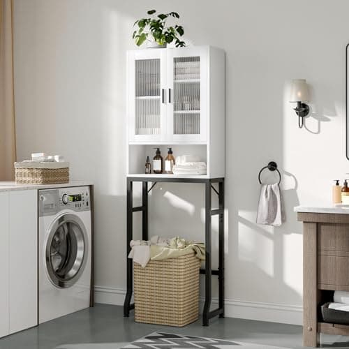 USHOWER Freestanding Toilet Storage Cabinet with Tempered Glass & Thick Metal Stand, White
