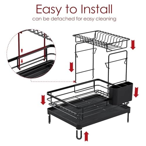 X-Large Stainless Steel Dish Drying Rack, 2-Tier Kitchen Organizer, Black