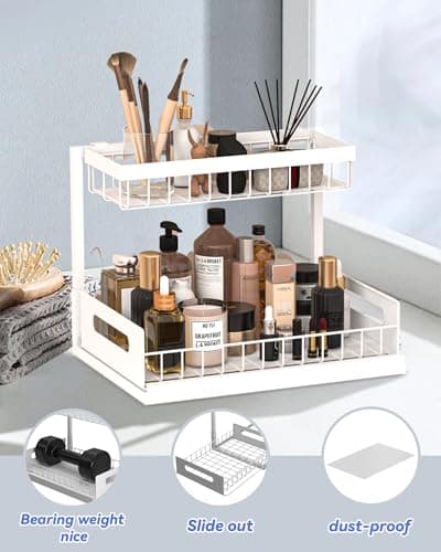 2 Pack Metal Under Sink Organizers with Sliding Drawer, White, Kitchen & Bathroom Storage