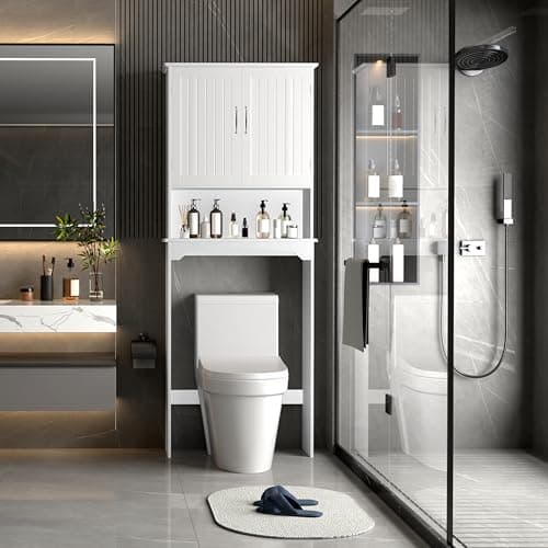Yaheetech Double Door Toilet Cabinet, White with Adjustables and Open Shelf