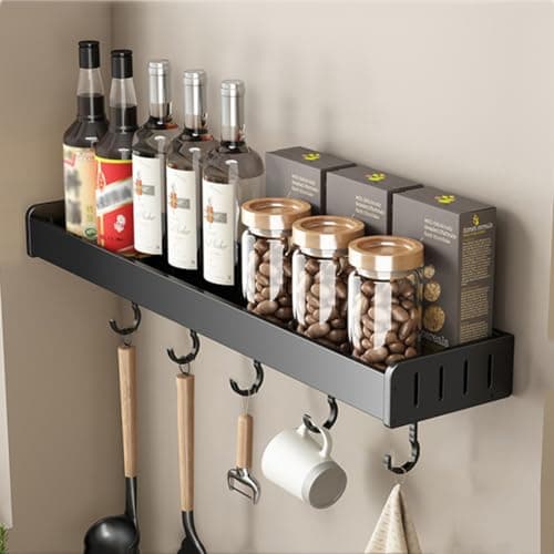 Black Wall Mount Spice Rack, Kitchen Spice Organizer 50cm Multi-Purpose