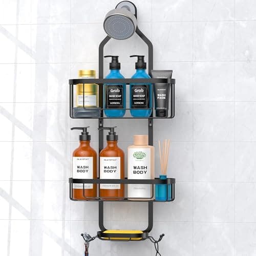 Kadolina Overhead Shower Caddy with Hooks, Black [Patented]
