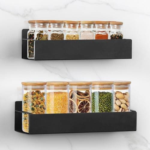 Wall-Mounted Spice Rack Set: 2 Black Adhesive Organizers for Smooth Surfaces, No Drilling Needed