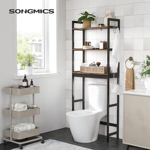 SONGMICS Adjustable 3-Tier Over-The-Toilet Organizer, Bamboo, Rustic Brown and Ink Black
