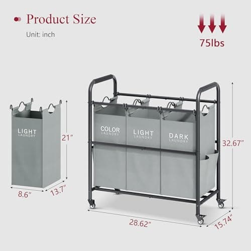 Tajsoon 3 Bag Laundry Sorter Cart, Grey