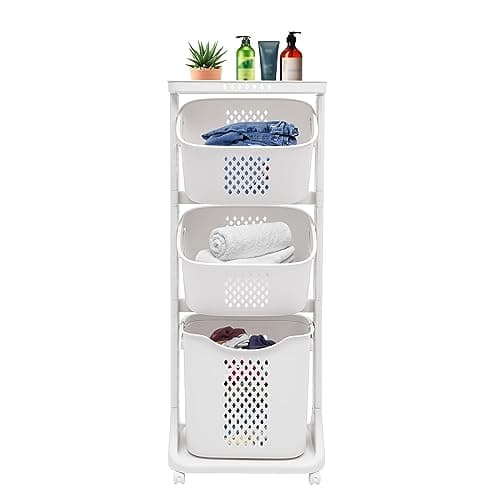 3-Tier White/Natural Water Hyacinth Laundry Basket - Storage Organizer with Wheels