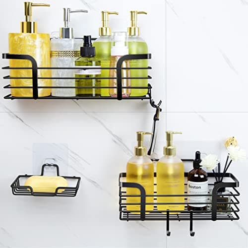 Rustproof Stainless Steel Shower Organizer, Soap Dish & 4 Hooks, Adhesive Mount No Drill Shelf Basket Accessories