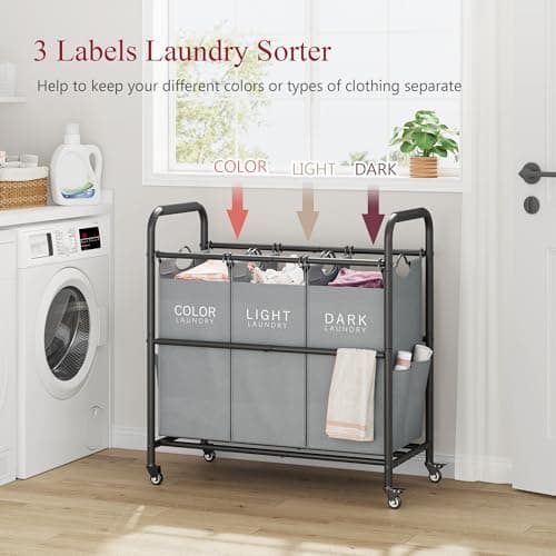 Tajsoon 3 Bag Laundry Sorter Cart, Grey