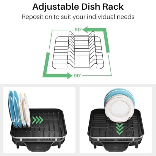 Expandable Stainless Steel Dish Drying Rack with Drainboard & Utensil Holder (Black)