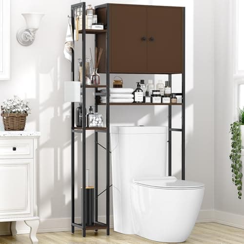 White Non-Slip Freestanding Toilet Cabinet with 4-Tier Shelves & Hooks