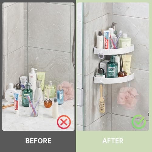 2 Pack Adhesive White Corner Shower Caddy, Rustproof Plastic Shelving with 4 Hooks, Space-Saving Bathroom Organizer