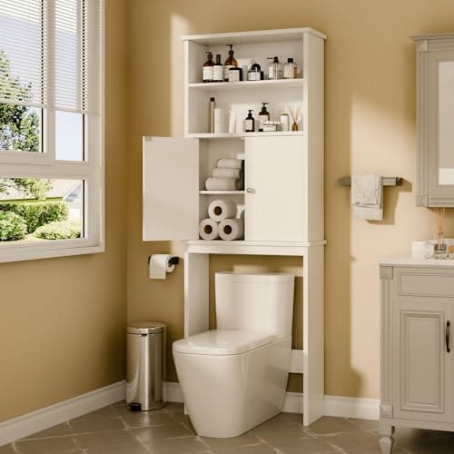 Walsunny Toilet Storage Cabinet, White - Open Shelves, Double Doors, Space-Saving Organizer