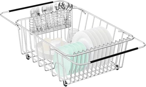 Adjustable 304 Stainless Steel Sink Dish Drier Rack with Utensil Holder