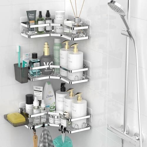 Stainless Steel Adhesive Corner Shower Caddy, 2 Pack, Hooks & Toothpaste Holder