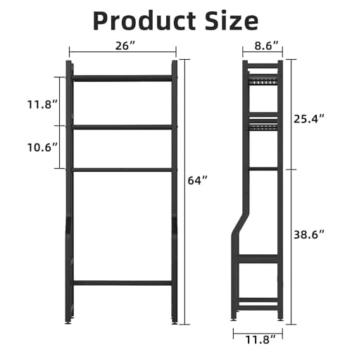 Black 3-Tier Over-the-Toilet Storage Rack with Hooks