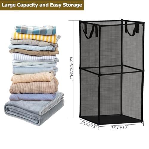 Large Collapsible Laundry Hamper, Black Mesh Basket for Bathrooms, Bedrooms, and Travel