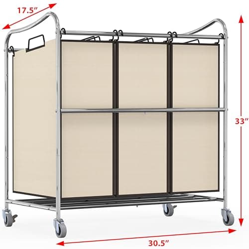 Heavy-Duty 3-Bag Laundry Sorter Cart, Chrome, Houseware