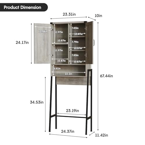 Over-the-Toilet Storage Cabinet with Anti-Tip Shelves, Grey