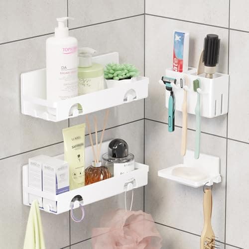 2 Pack Adhesive White Corner Shower Caddy, Rustproof Plastic Shelving with 4 Hooks, Space-Saving Bathroom Organizer