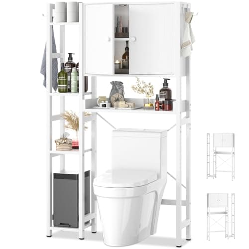 Rustic 7-Tier Over-the-Toilet Storage Cabinet with Adjustable Shelf & 4 Hooks