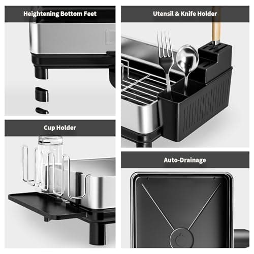 304 Stainless Steel Dish Drying Rack, Black, Kitchen Organizer with Drainage & Utensil Holder