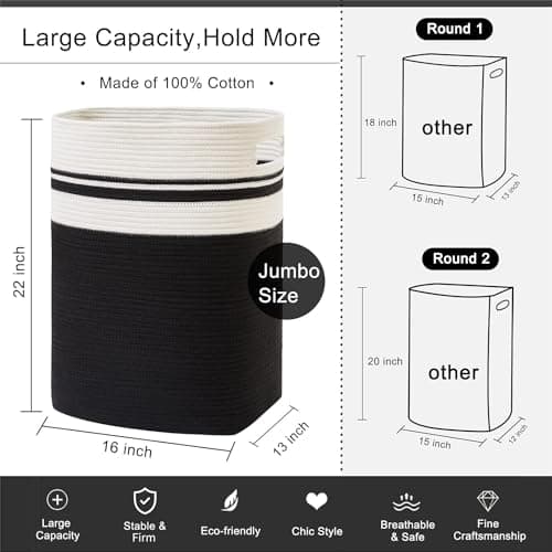 OIAHOMY Tall Cotton Laundry Hamper with Handles-16x13x22in Black