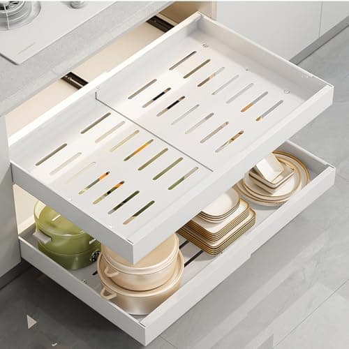 Expandable Pull-Out Cabinet Organizer, 12.6"-20.5" Deep, White Kitchen Pantry & Bathroom Storage