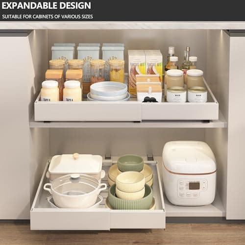 2 Pack Expandable Kitchen Cabinet Organizer, White, Carbon Steel Frame