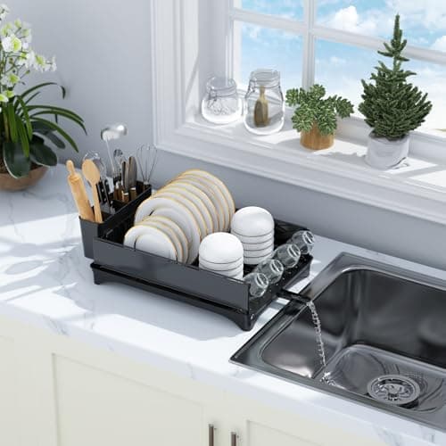 Black Kitchen Counter Dish Drying Rack with Drain & Cutlery Holder